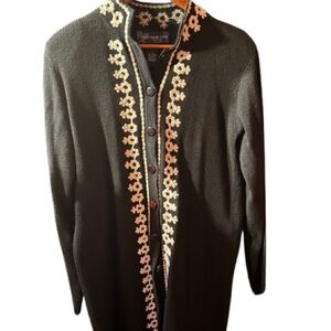Susan Graver from QVC Black Cardigan with white Floral Accents- long - 36 inches